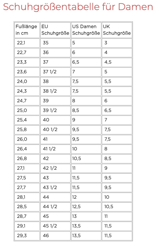 Schuhgrößentabelle für Damen